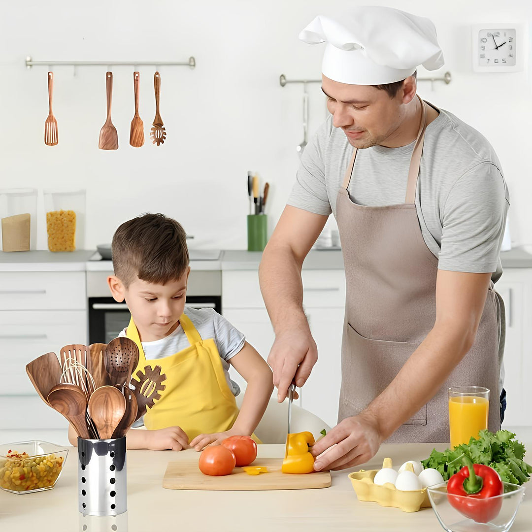Complete 11-piece teak kitchen utensil set with holder. Durable natural wood cooking tools for daily home cooking.