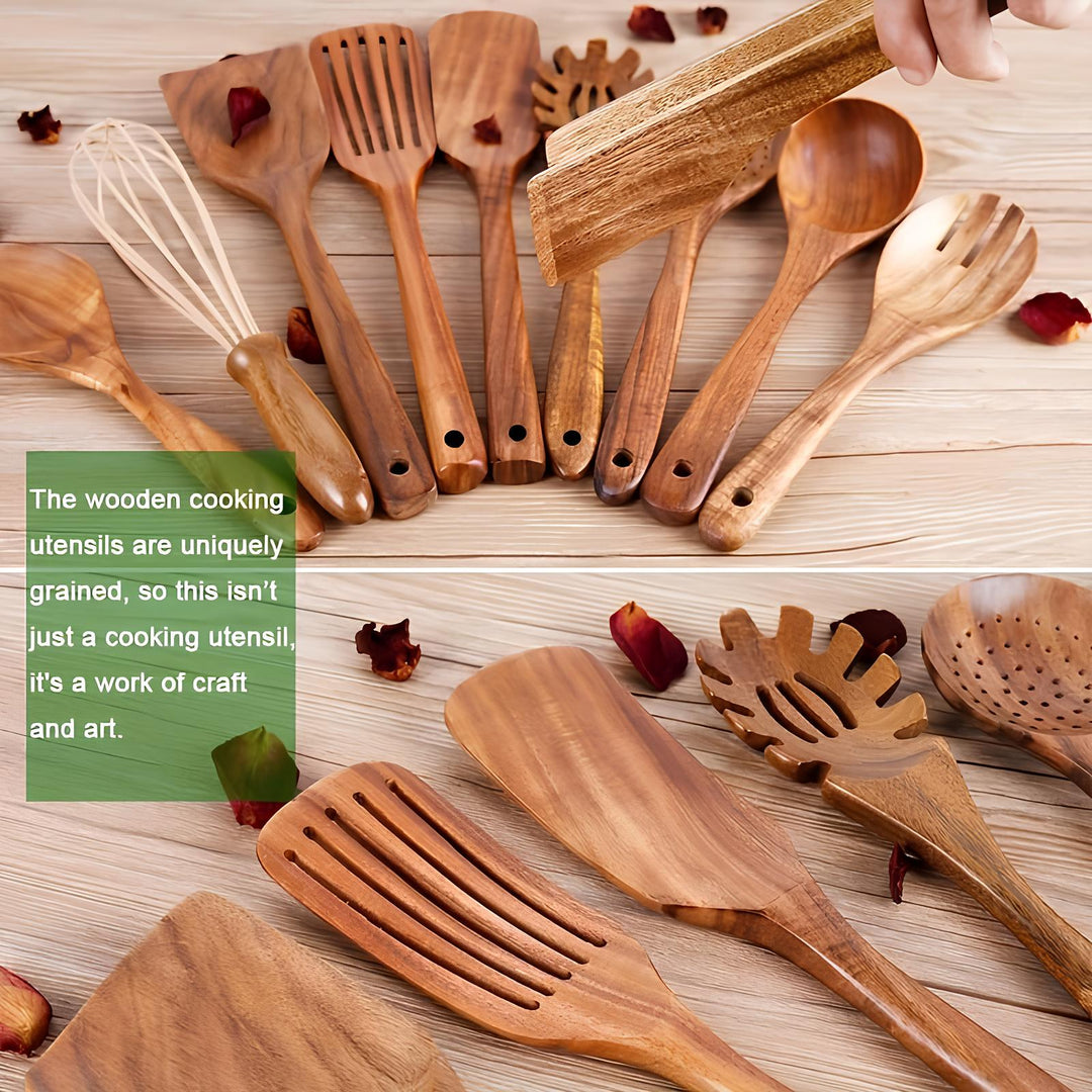 High-quality 11-piece natural teak kitchen utensil set with sturdy holder. Perfect wooden tools for any home chef.