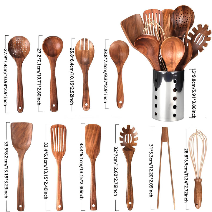 Versatile 11-piece teak cooking set. Natural wood utensils and holder for a stylish, eco-friendly kitchen.