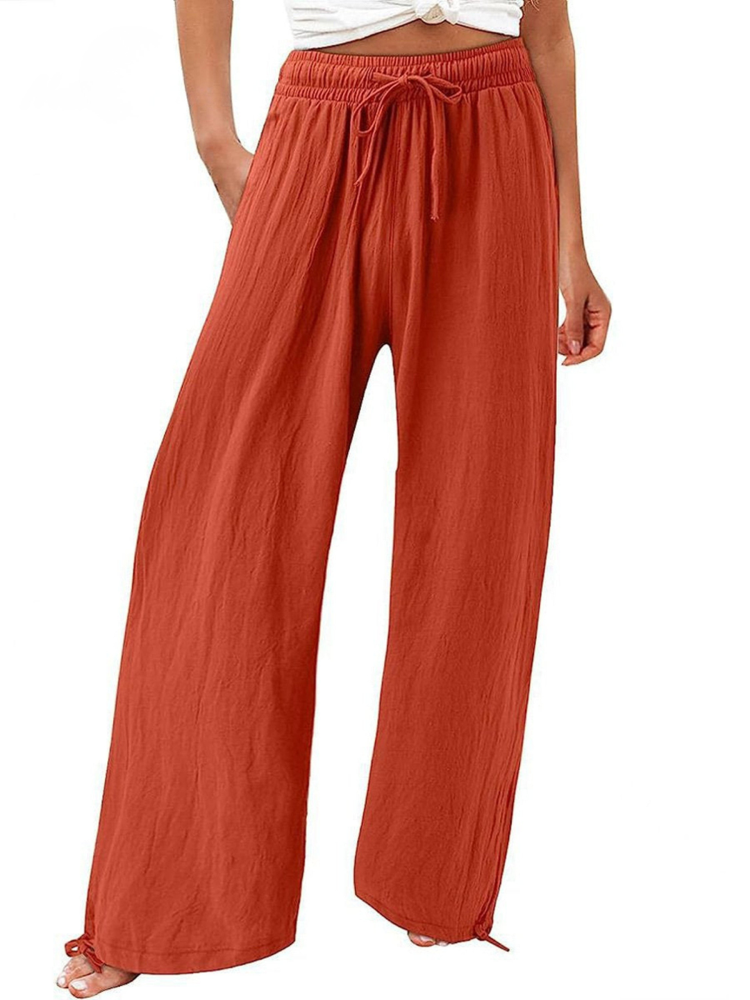 Women's drawstring wide-leg pants, high-waisted for comfort and everyday casual wear, versatile style.