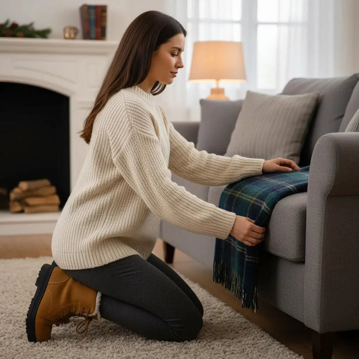 Side view of women's grey winter boots, featuring a thick sole for snow traction.