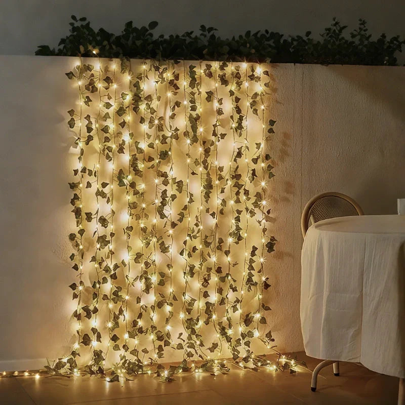 Versatile LED leaf vine lights, warm white, ideal for both elegant indoor and charming outdoor decor.