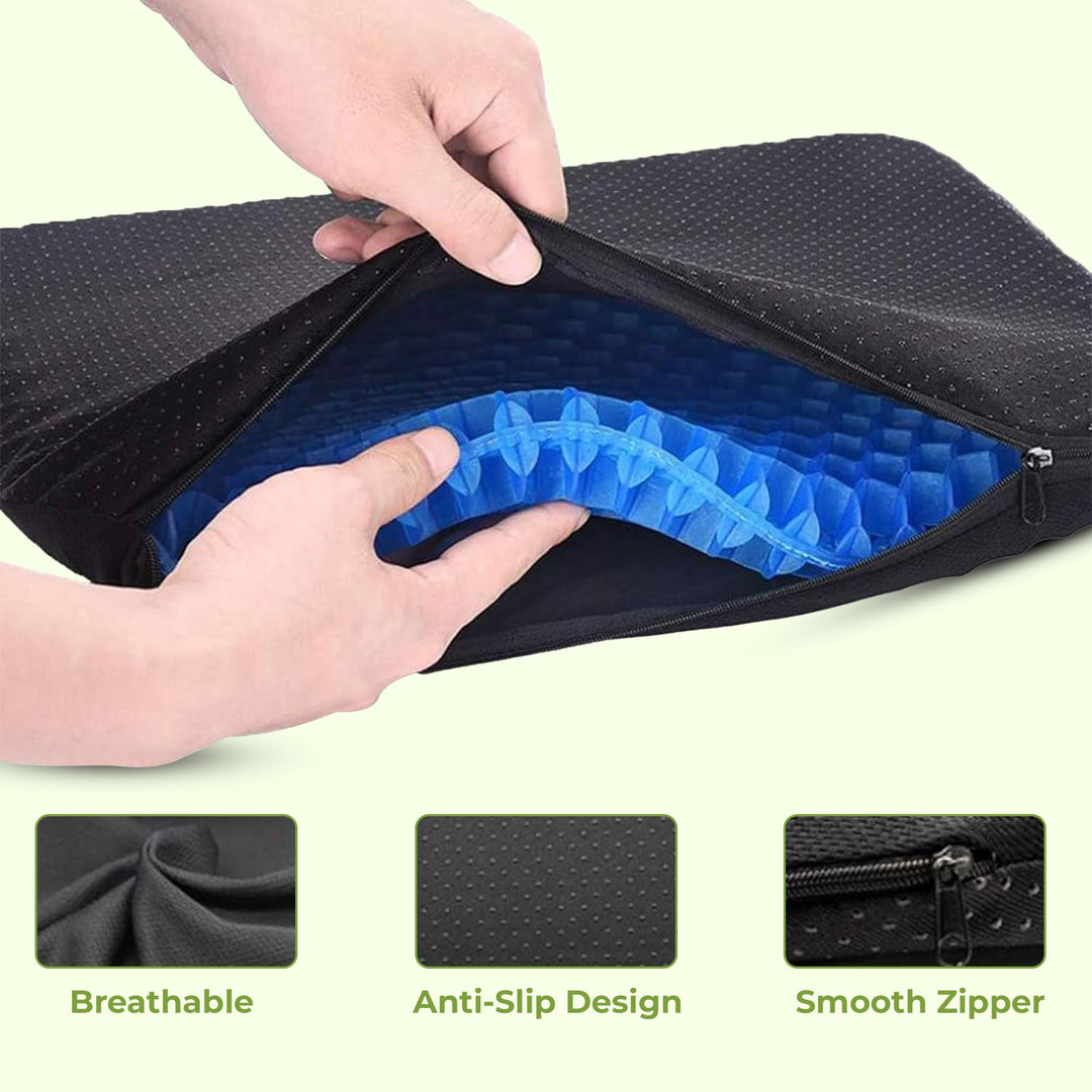 Honeycomb gel cushion for effective back pain relief, comfort, and ergonomic support in any seat.