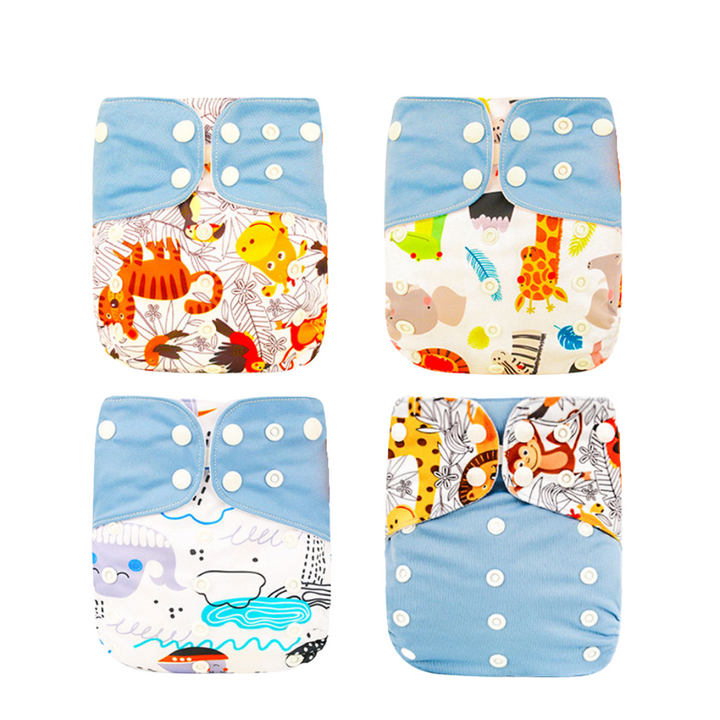 Display of multiple vibrant, printed reusable cloth diapers suitable for babies.