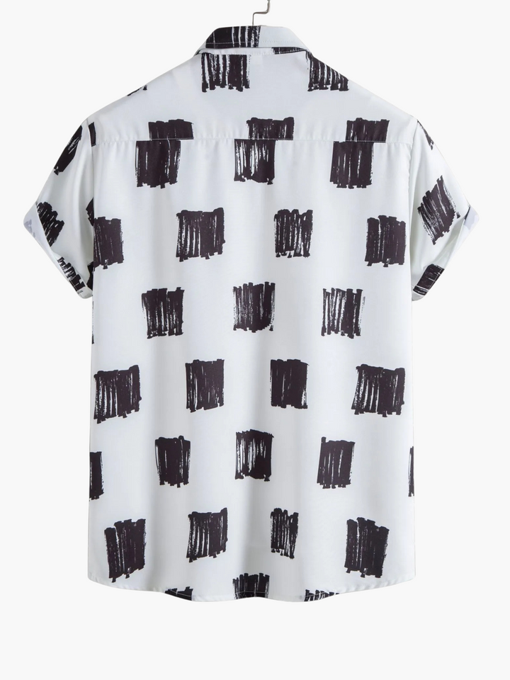 Stylish men's dark gray short sleeve button-up shirt featuring a grid print, ideal for casual summer fashion.