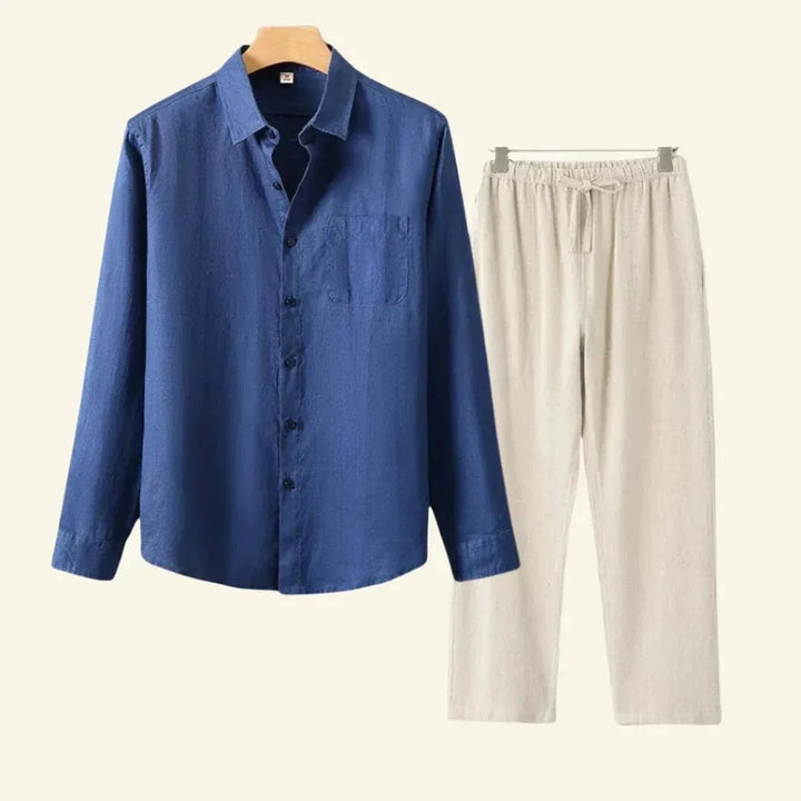 Men's casual two-piece outfit: relaxed-fit shirt & matching trousers set, perfect for summer comfort.