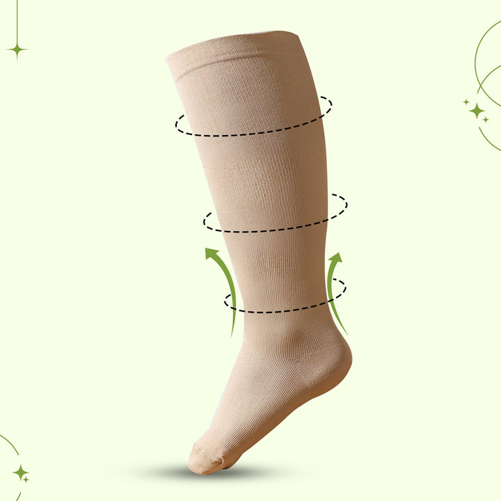 Black wide calf compression socks for improved circulation, reducing leg fatigue & discomfort.