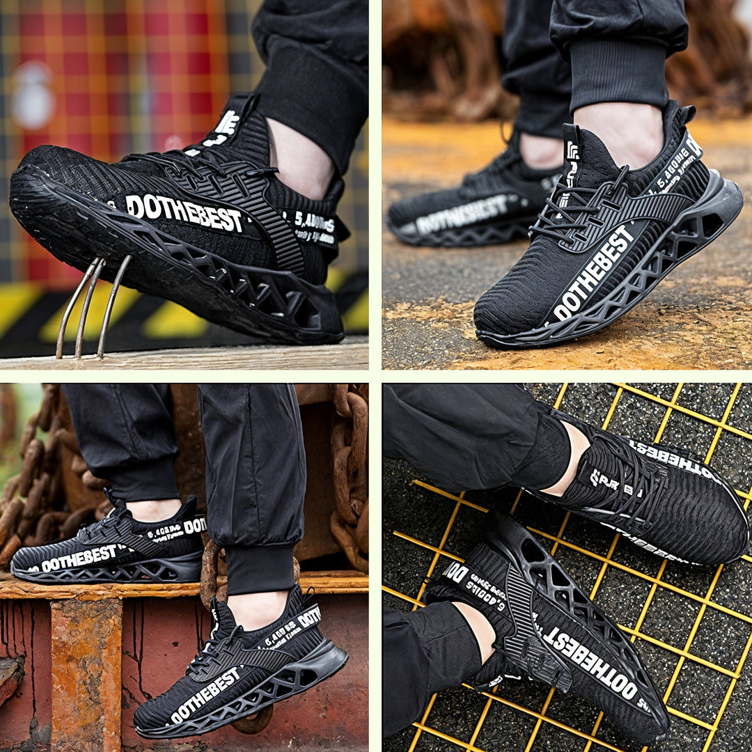Full product view of ultra-light breathable steel toe safety shoes, essential protective footwear.