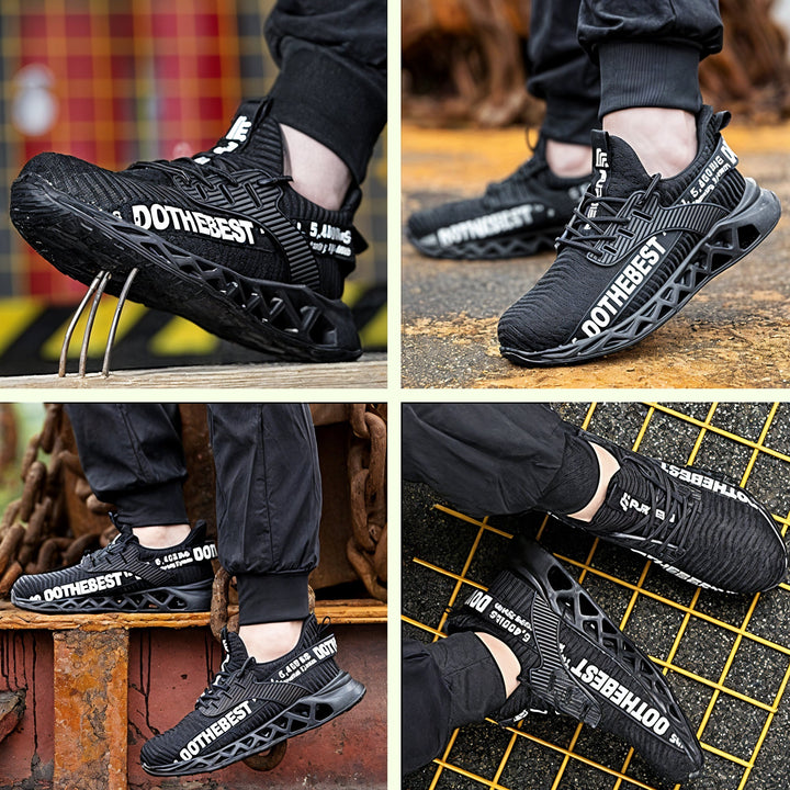 Full product view of ultra-light breathable steel toe safety shoes, essential protective footwear.