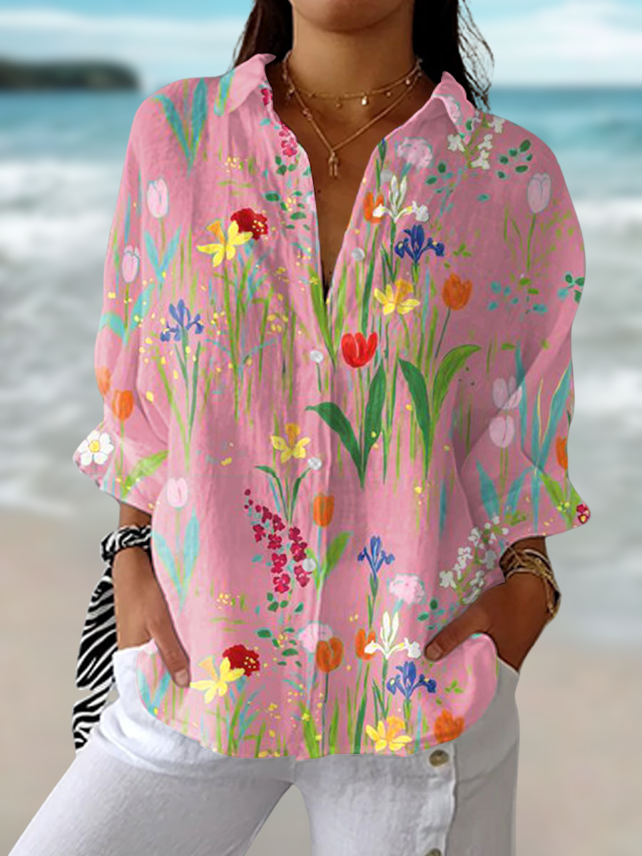 Elegant women's pink floral print long sleeve spring blouse, a flowy top perfect for casual everyday wear.