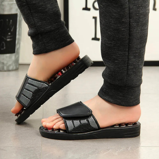 Close-up of acupressure massage sandals, targeting foot pain, wellness & circulation. Unisex design.