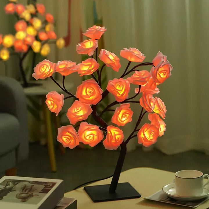 Charming rose blossom LED tree lamp for ambient home lighting, USB powered.