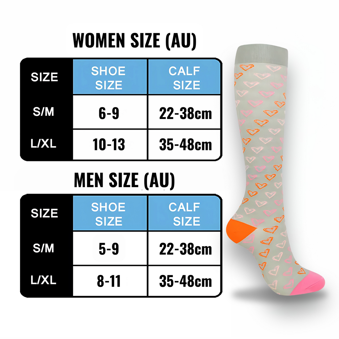 Women's heart pattern compression socks; a stylish solution for circulation, support & foot health.
