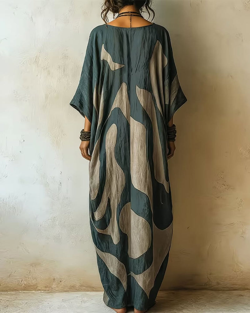 Casual women's boho long sleeve maxi kaftan dress. Flowing bohemian style, perfect for relaxed everyday or resort wear.