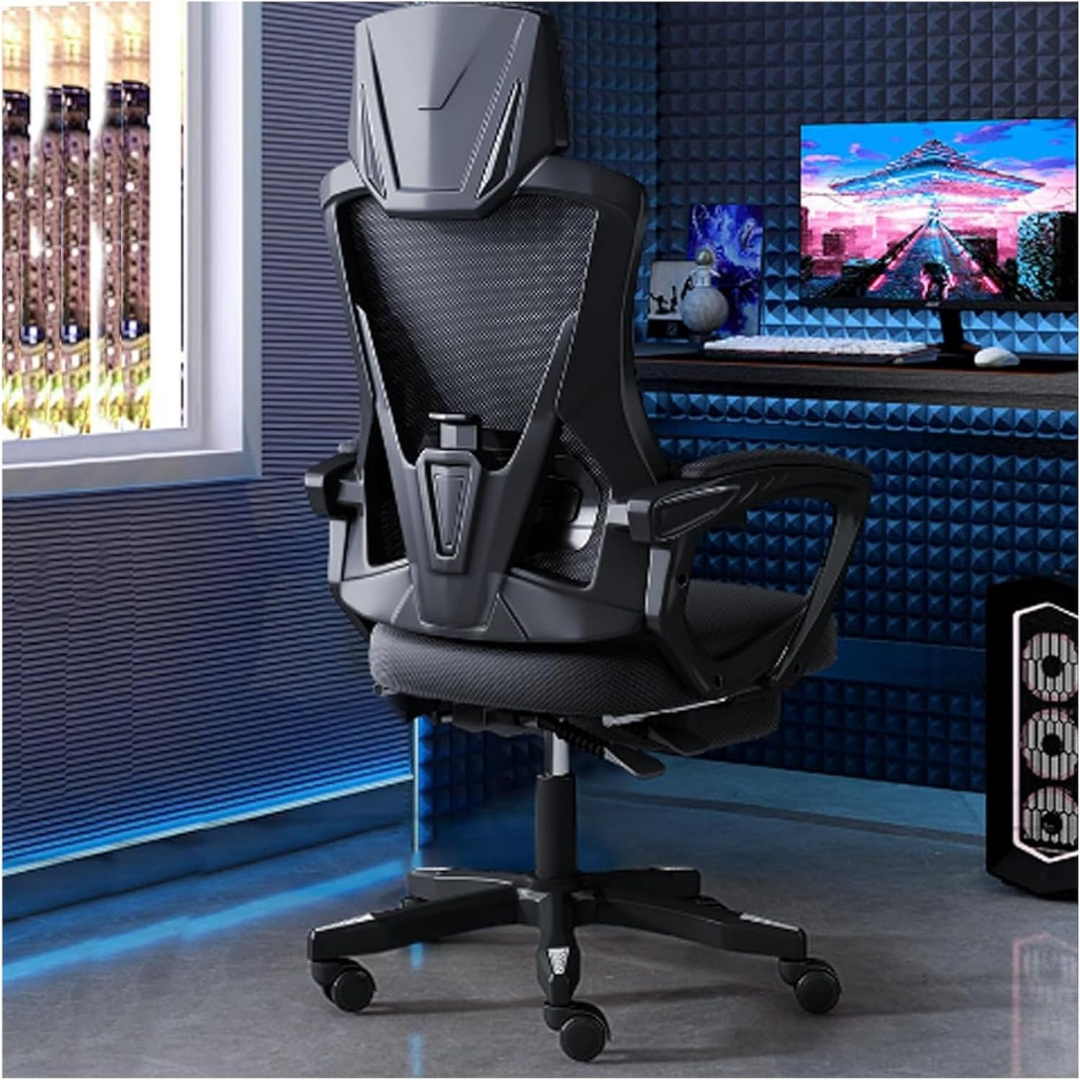 Sleek black ergonomic mesh office chair in a modern workspace, promoting good posture.