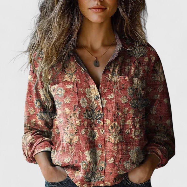 Women's long sleeve boho print button-up blouse, perfect for casual wear and everyday fashion.