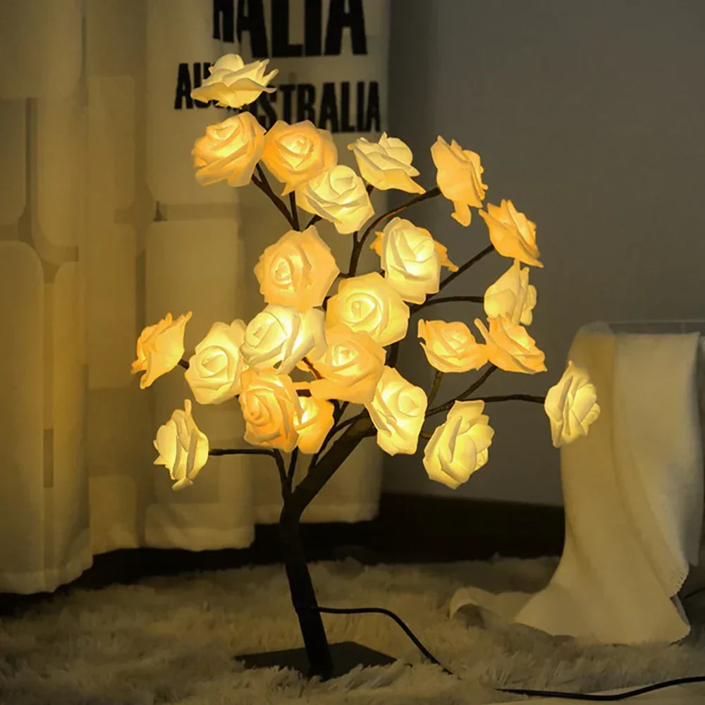 Flexible LED rose tree lamp, perfect as a night light or decorative accent.