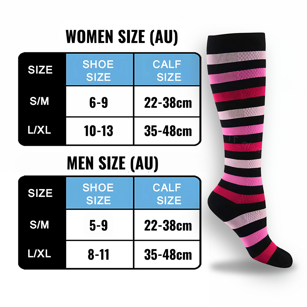 Wholesale striped compression socks for men & women, designed for ultimate leg comfort & circulation.