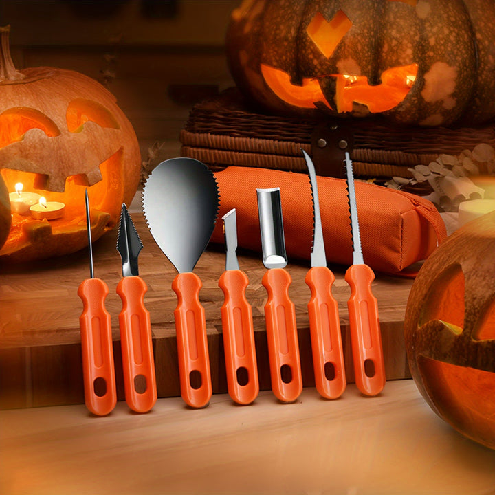 Halloween carving kit: 7 ergonomic tools designed for detailed pumpkin work and seasonal decor.