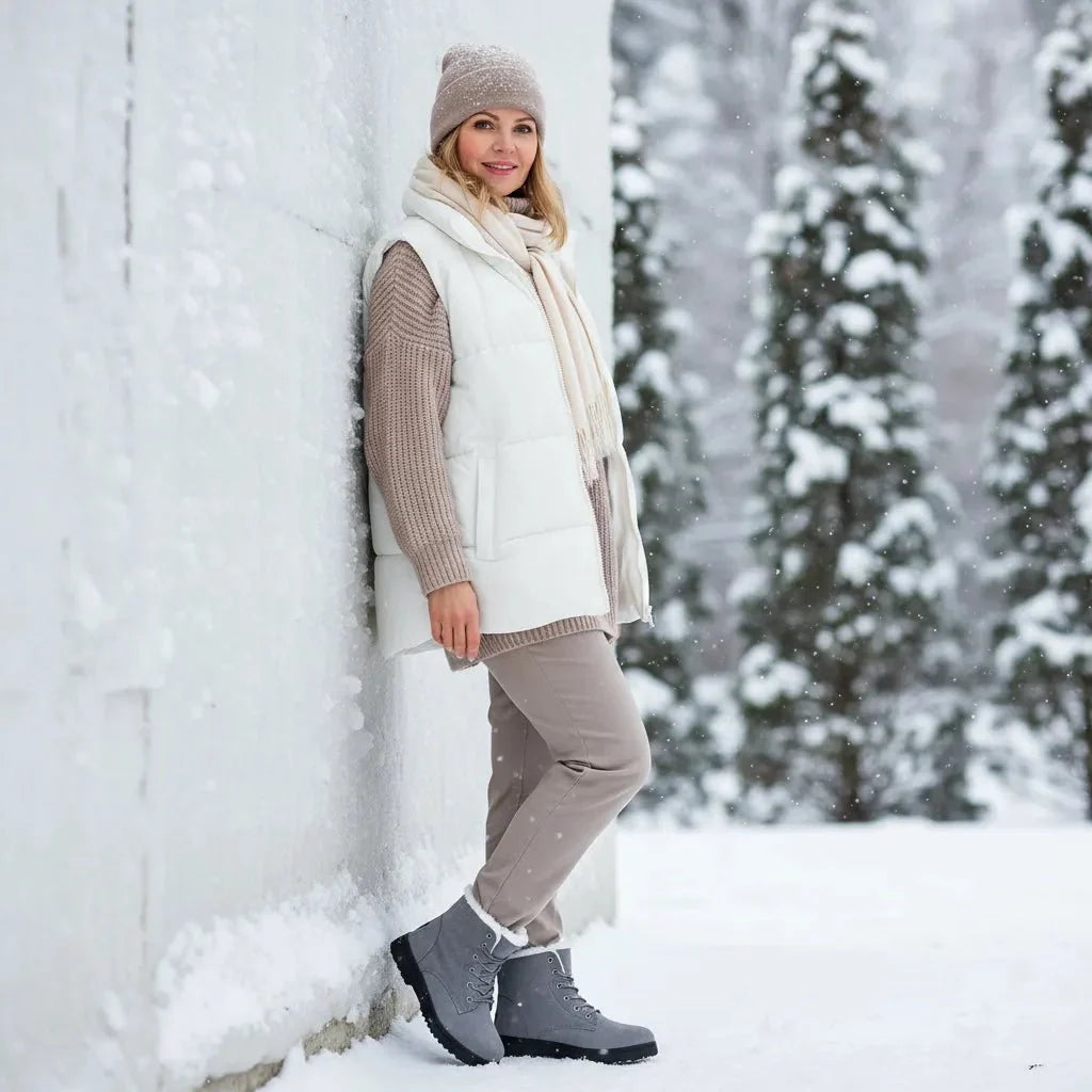 Close-up of women's ankle boots with warm faux fur trim for winter fashion.