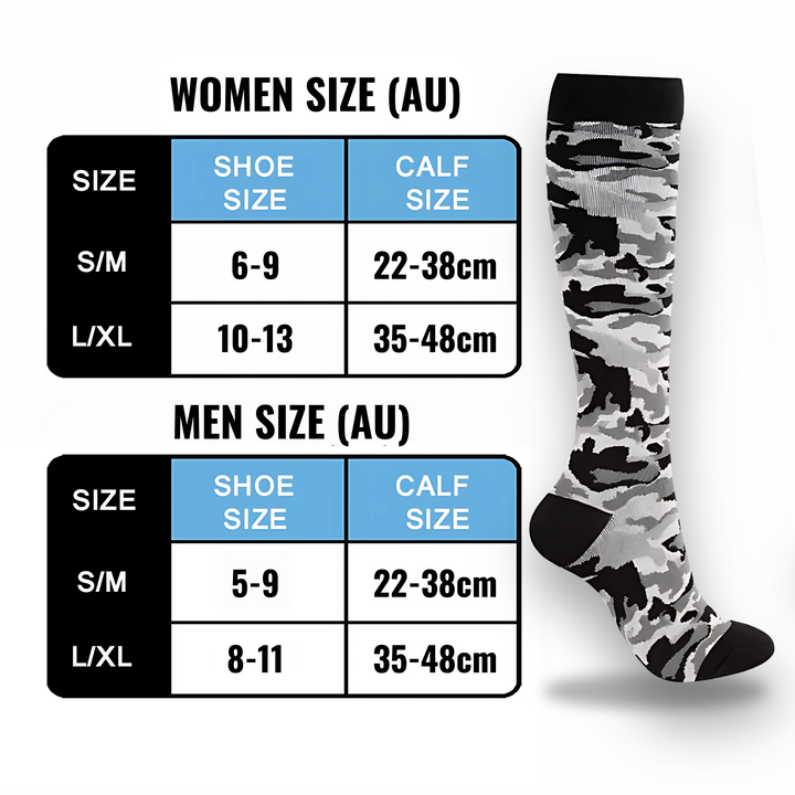 Wholesale unisex camo compression socks offering excellent leg support, durability & active comfort.