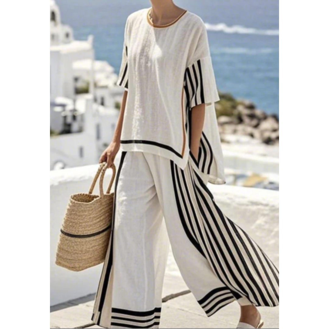 Elegant women's striped two-piece outfit. Comfortable & versatile summer set perfect for casual or dressed-up occasions.