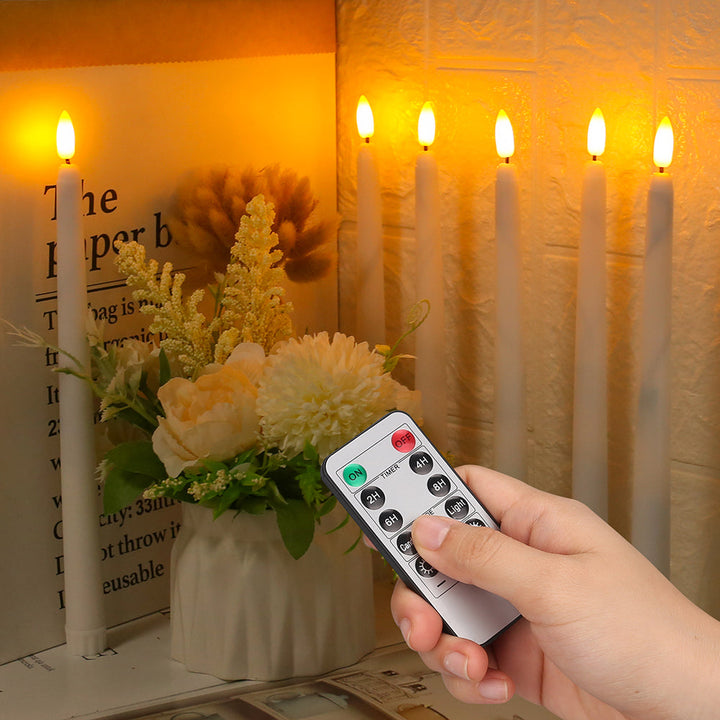Decorative LED taper candles, flameless and safe, featuring a remote and built-in timer for ambiance.
