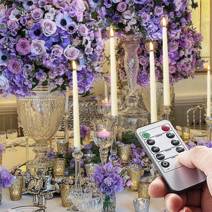 Modern flameless LED taper candles for tablescapes & mantels, includes remote and programmable timer.