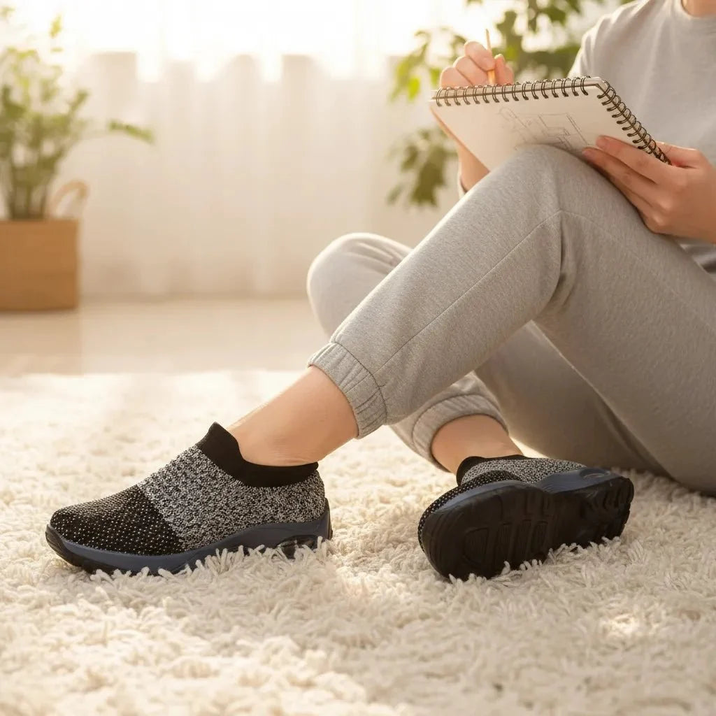 Women's Grey arch support slip-on sneakers, ideal for all-day comfort & walking.