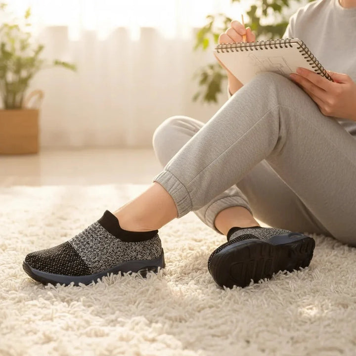 Women's Grey arch support slip-on sneakers, ideal for all-day comfort & walking.