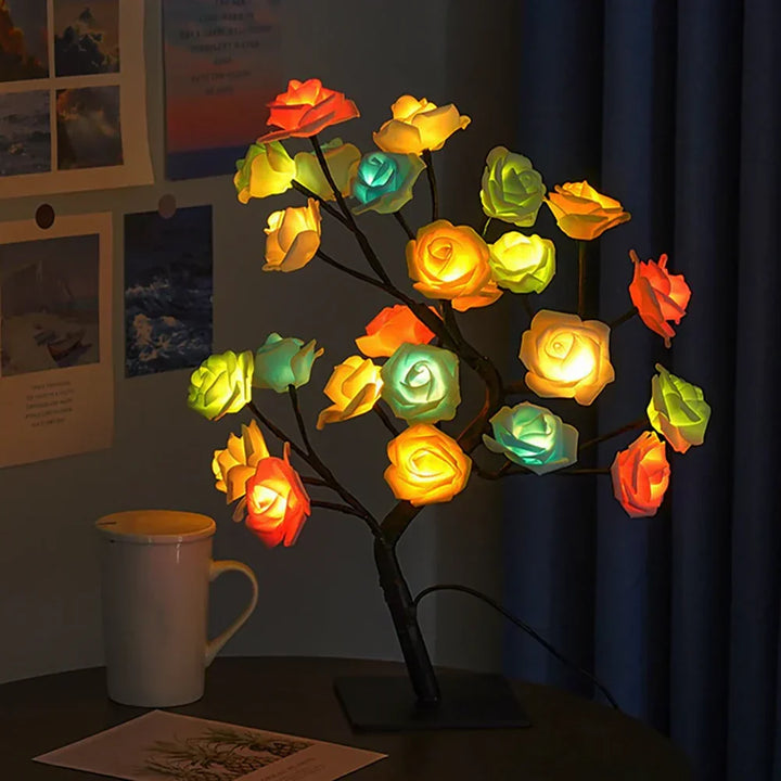 Decorative LED rose blossom bonsai tree lamp for modern home decor.