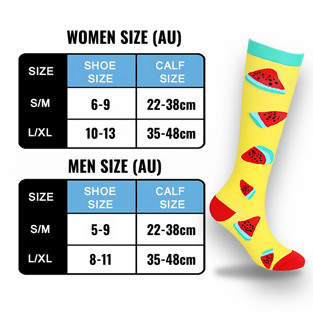 Energized legs with unisex fruit patterned compression socks. Great for active wear, travel, and stylish support.