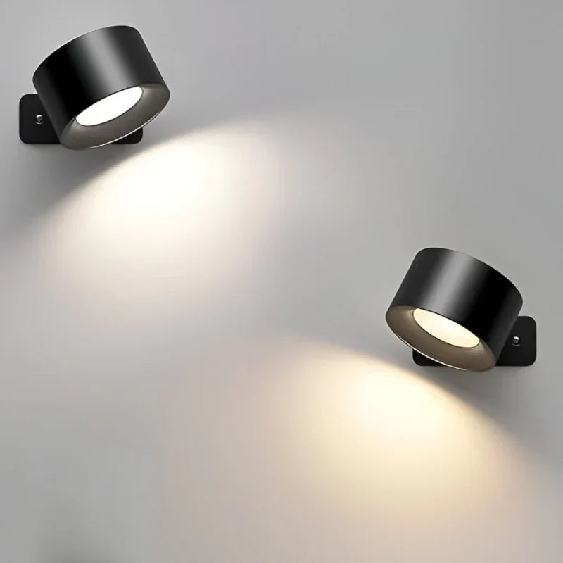 Rechargeable magnetic LED wall light; dimmable & rotating for versatile bedroom illumination.