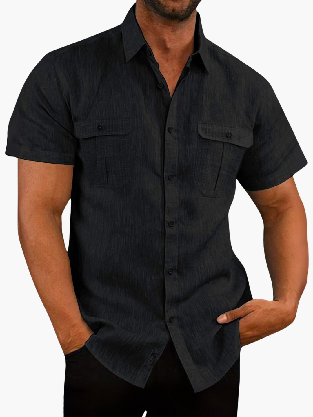 Styled men's smart-casual short sleeve button-up shirt, a versatile addition to men's summer clothing.