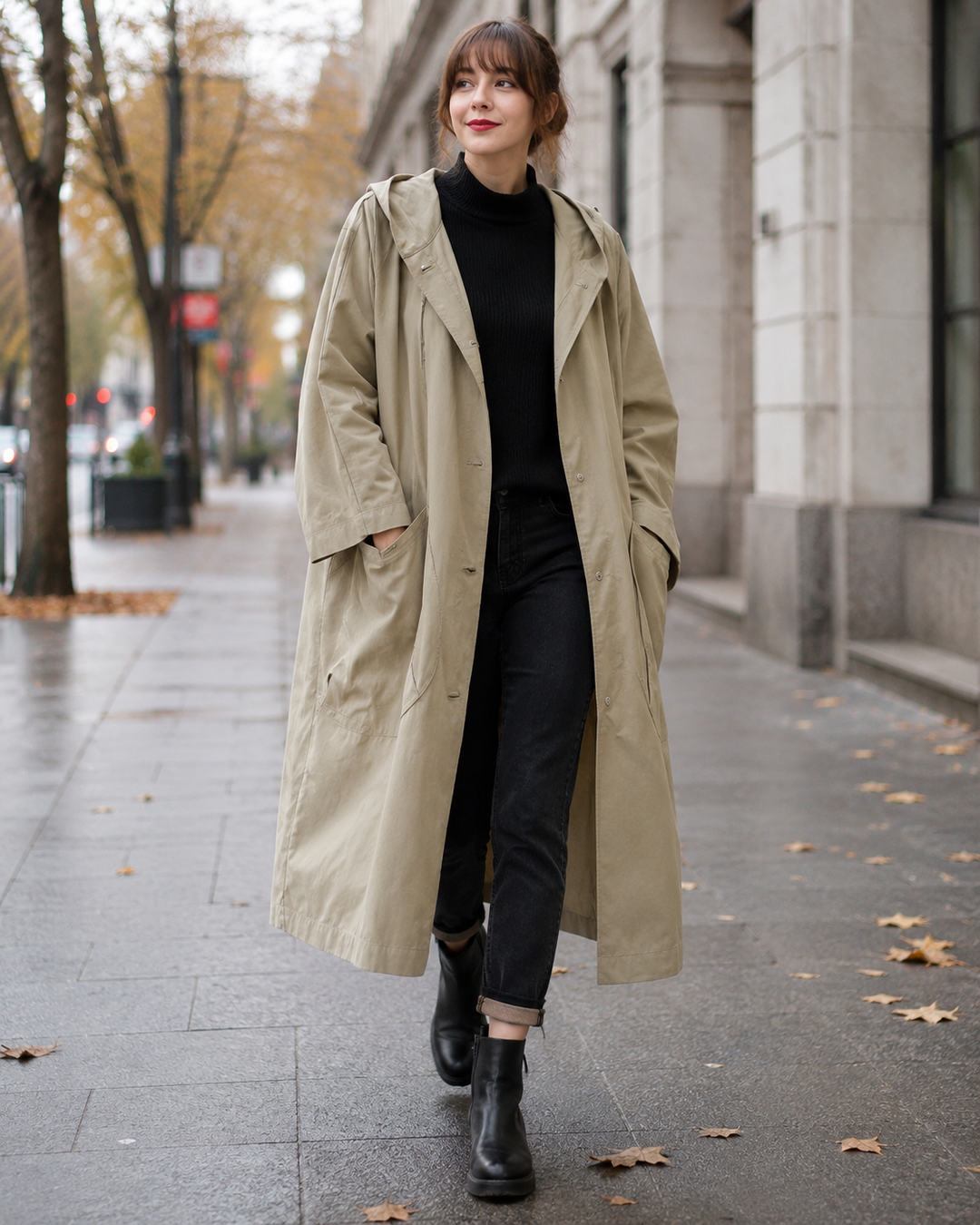 Durable waterproof long trench coat for women. Classic design ensures all-weather comfort & fashionable protection.