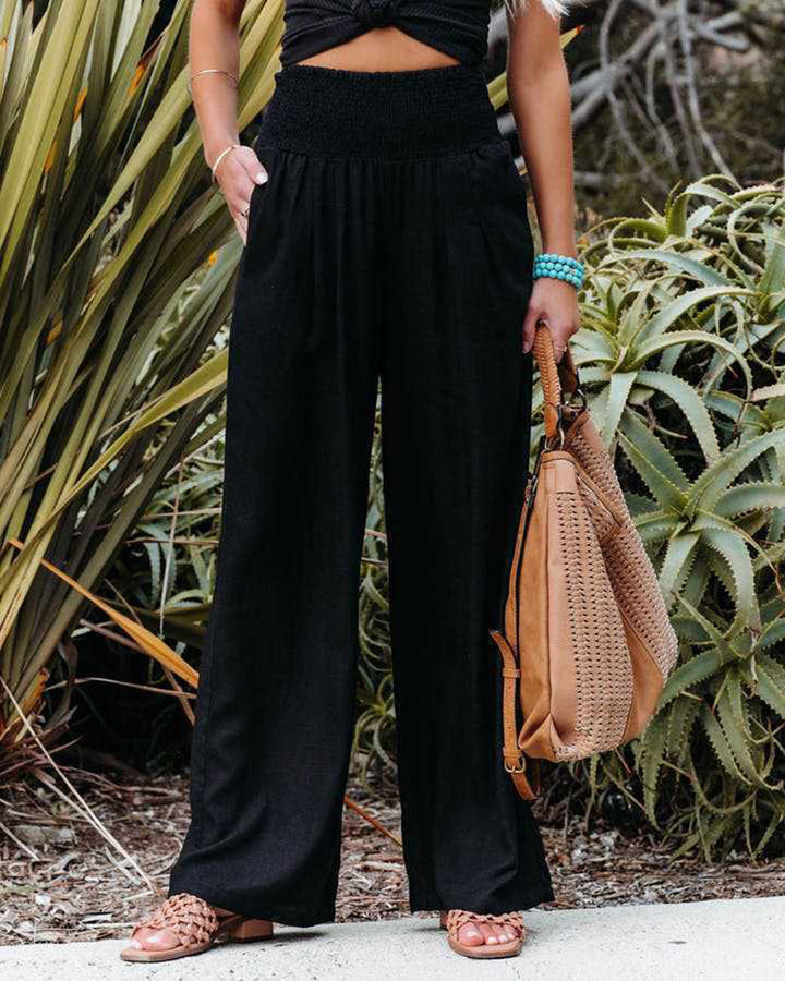 Casual summer wide leg linen pants for women, offering an elegant and comfortable warm-weather style.