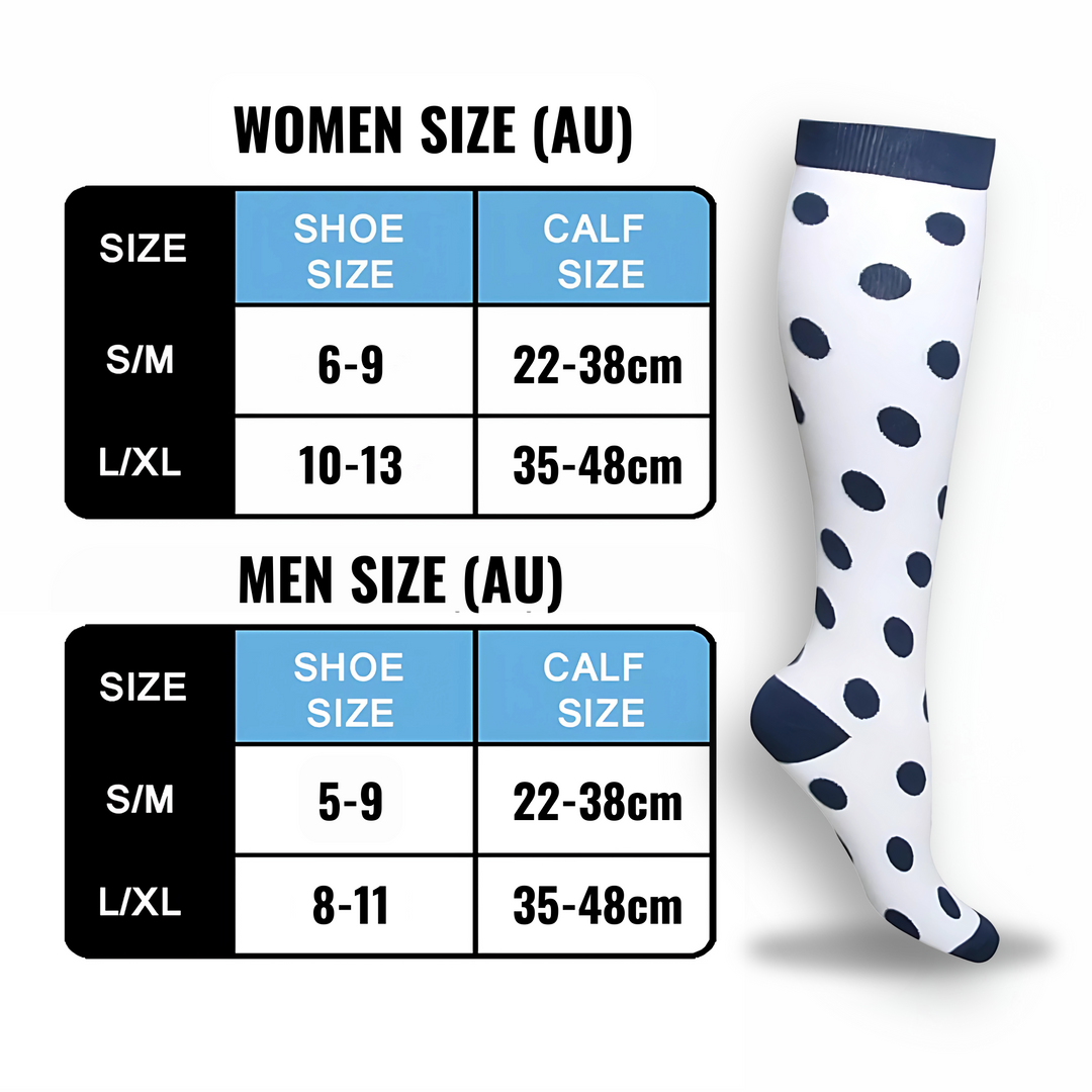 Wholesale unisex spotted patterned compression socks for leg support, improved circulation & foot comfort.