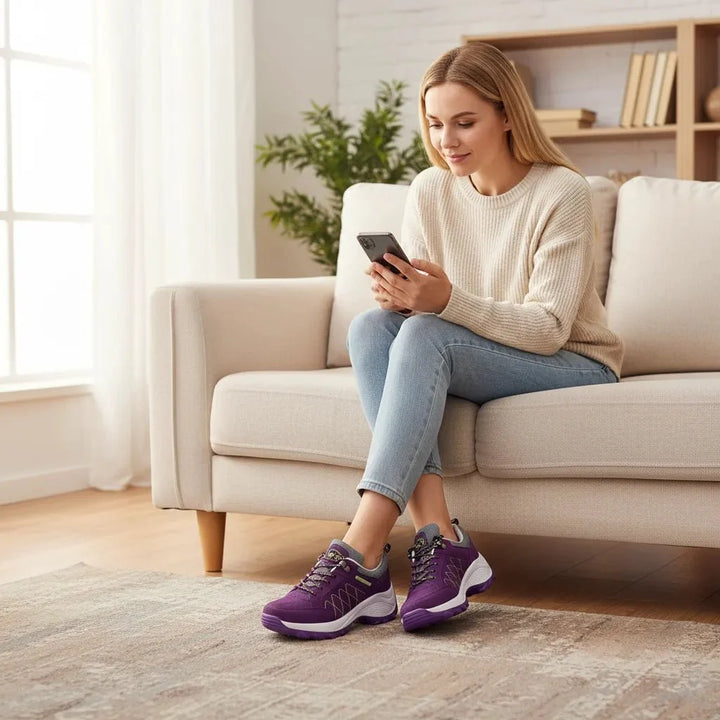 Women's arch support walking shoes in black, combining durability & style.