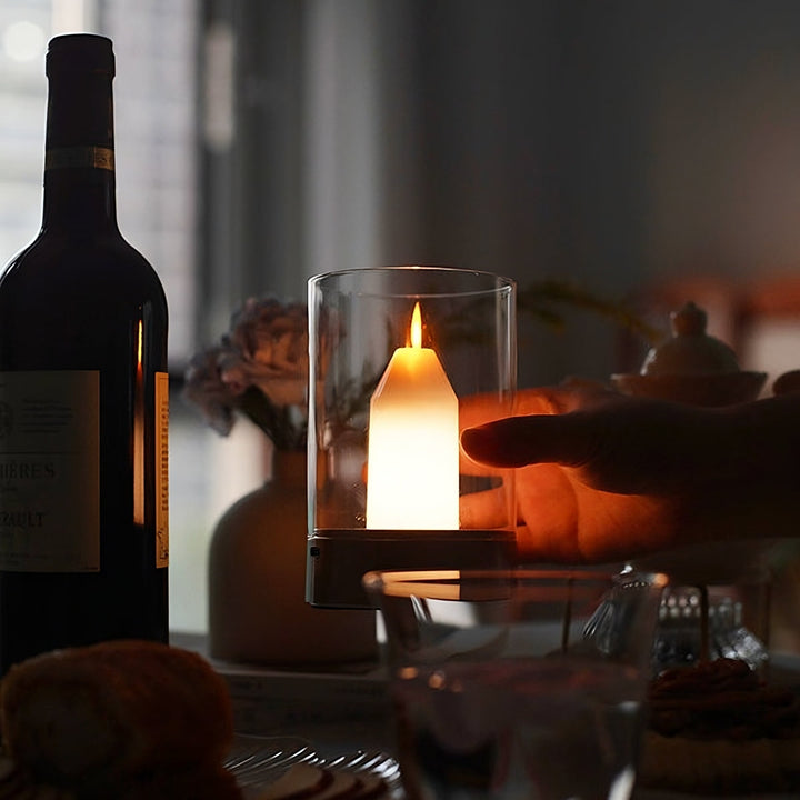 Rechargeable Flickering Flame Effect Lamp with Wave Sensor LED for home decor, offering cozy, flameless candle glow.