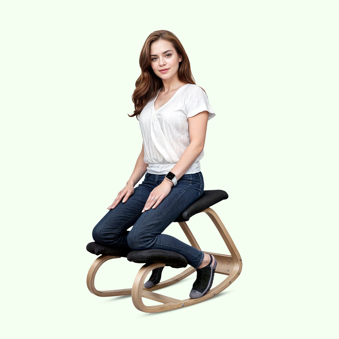 Ergonomic wooden kneeling chair for office & home, promoting posture support & back health.