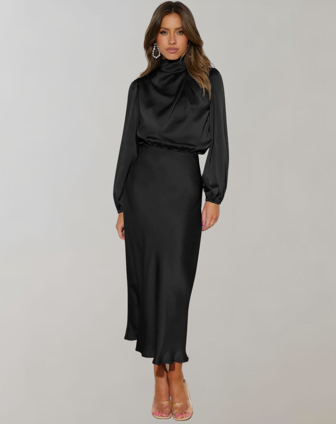 Elegant flowy long sleeve women's dress. Perfect as a sophisticated evening gown or party dress for holidays.