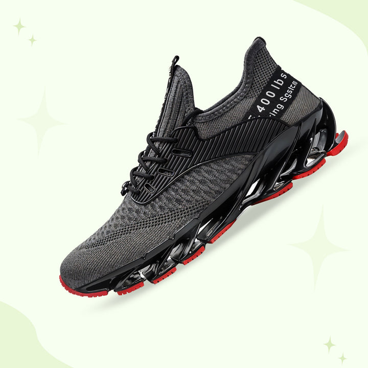 Black men's athletic running shoes, engineered for elevated comfort, flexible sole, and discreet lift.