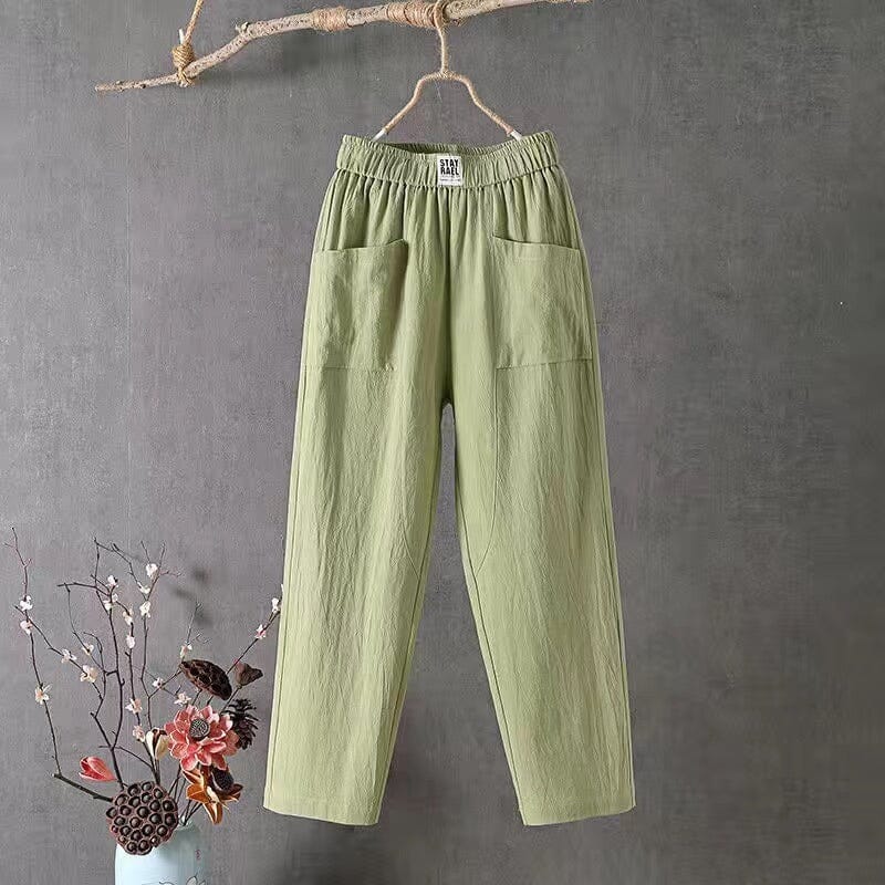 Comfortable women's linen blend wide-leg trousers with elastic waist, ideal for spring & summer casual fashion.