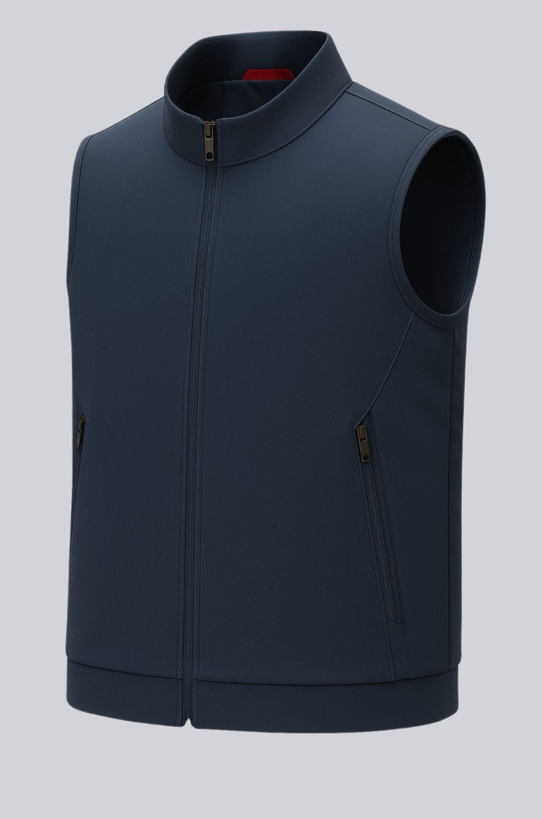 Sleek navy blue casual vest for men, featuring a smart stand collar. Great for adding a layer of style.