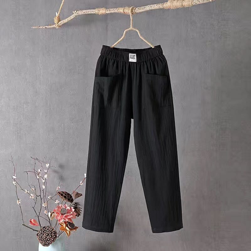 Lightweight linen blend women's casual pants, wide leg with elastic waist and pockets, perfect for summer outings.