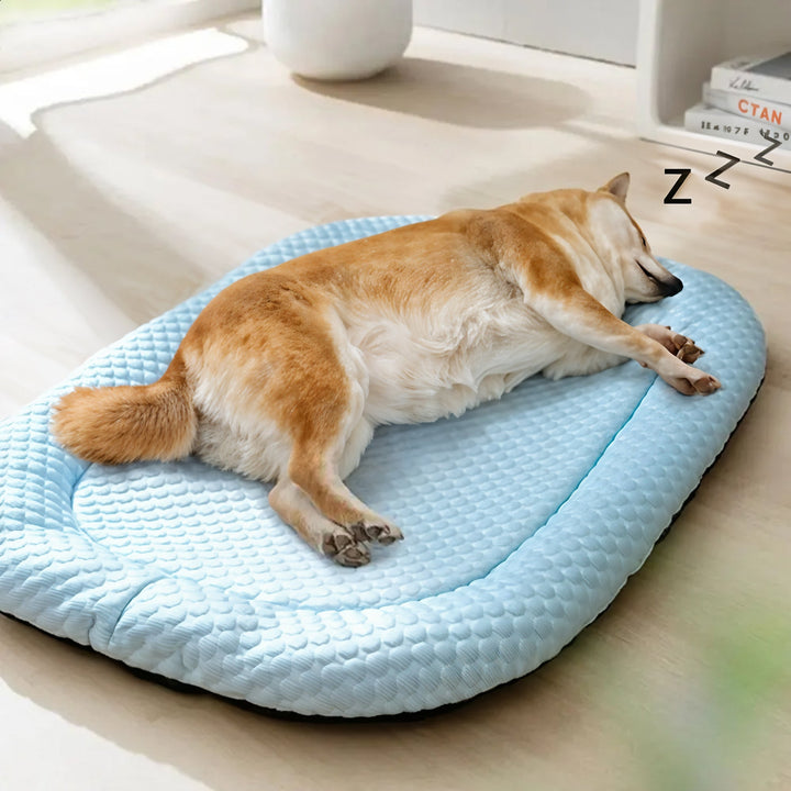 Washable ice silk cooling bed, perfect for pet summer comfort & calming for dogs & cats.