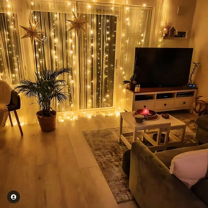 Warm LED Fairy Curtain String Lights for enchanting indoor & outdoor ambient decor.