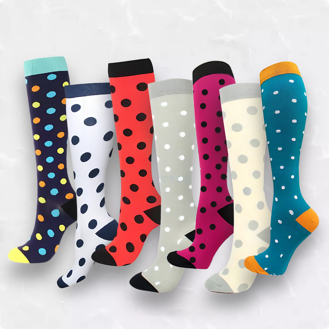 Unisex spotted patterned compression socks for leg support & style.