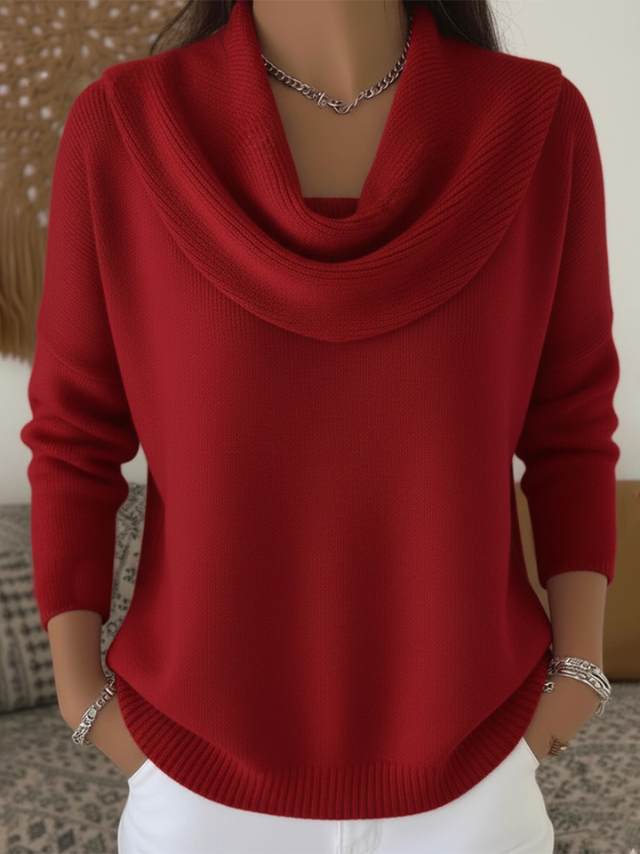Elegant women's cowl neck sweater, long sleeve pullover for fall fashion and winter warmth.