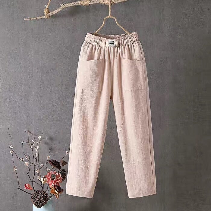 Classic women's casual linen blend trousers, wide leg and elastic waist for ultimate comfort and relaxed fit.